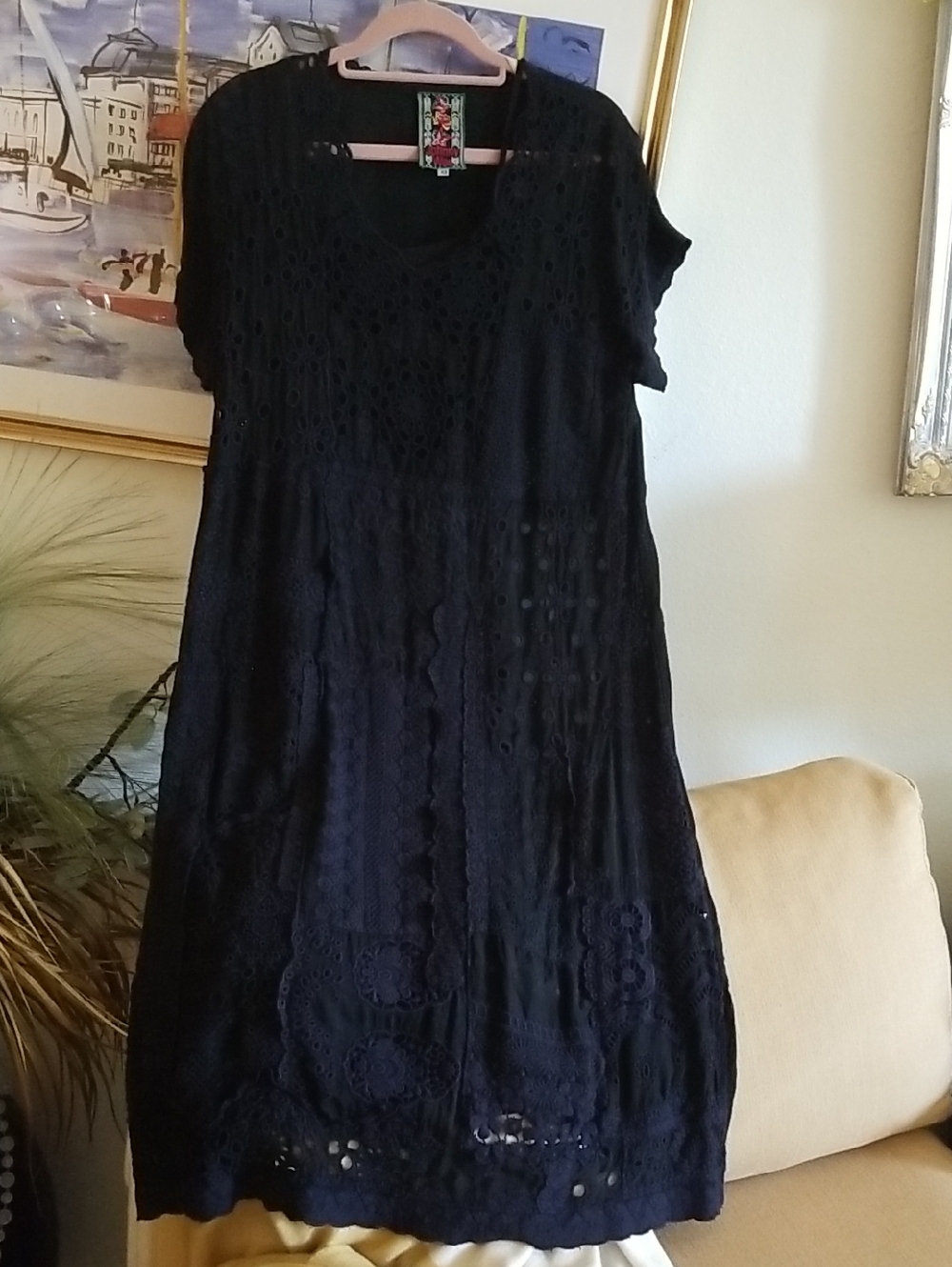 Johnny Was Black Eyelet Embroidered Midi Dress - Scoop Neck